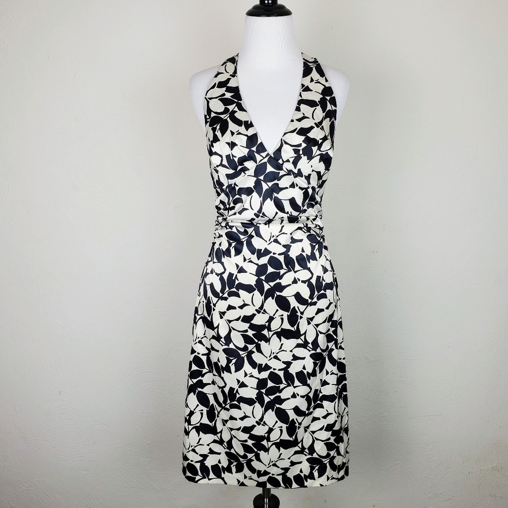 Donna Ricco Dress Cream Black Halter Floral Print Spring Summer Tropical Classic